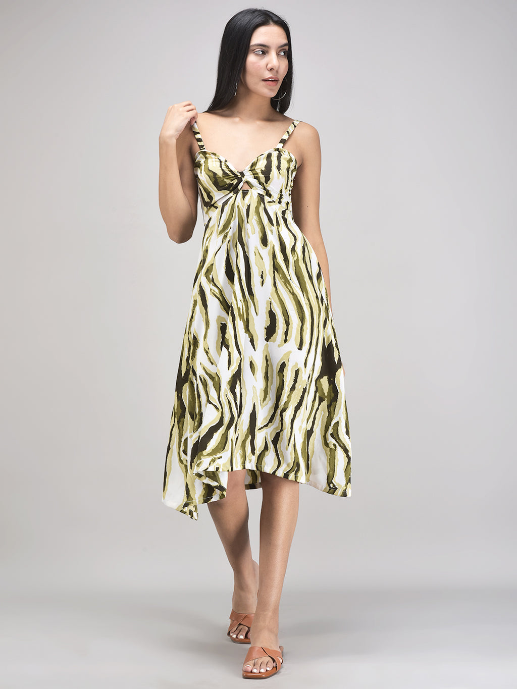 Green printed A-line cotton summer dress
