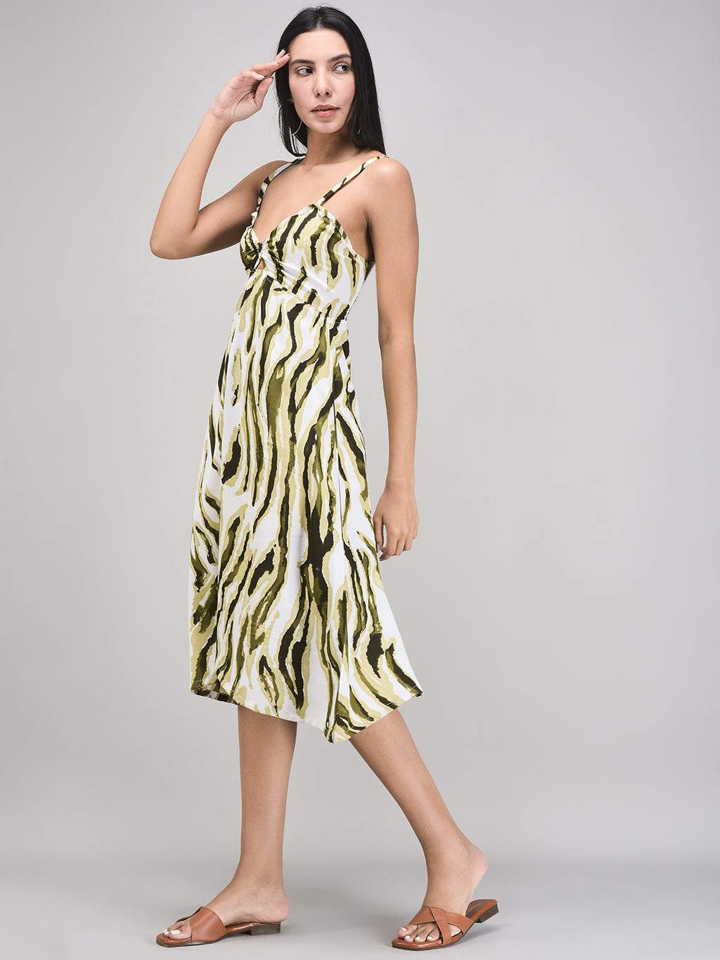 Green printed A-line cotton summer dress