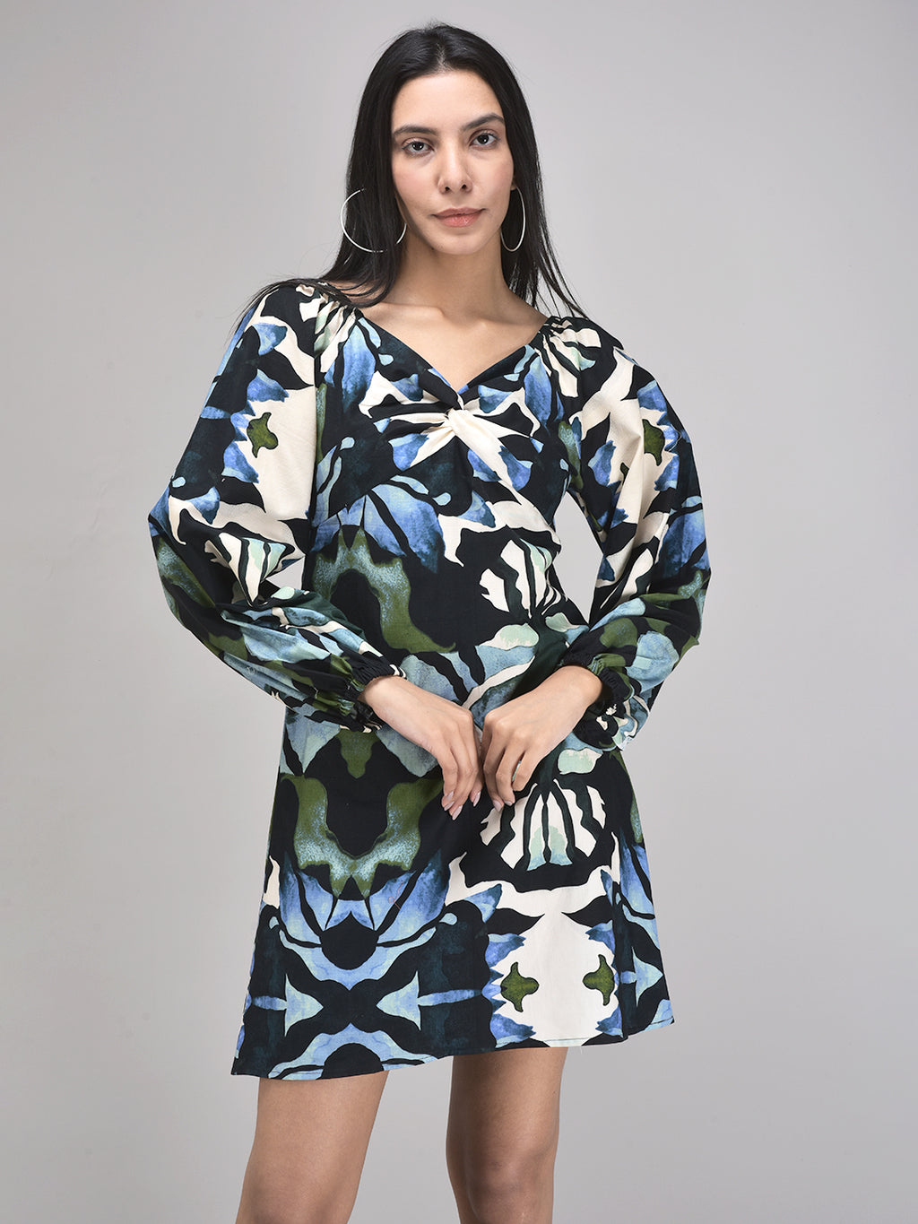 Cotton-linen printed dress with short sleeves for women