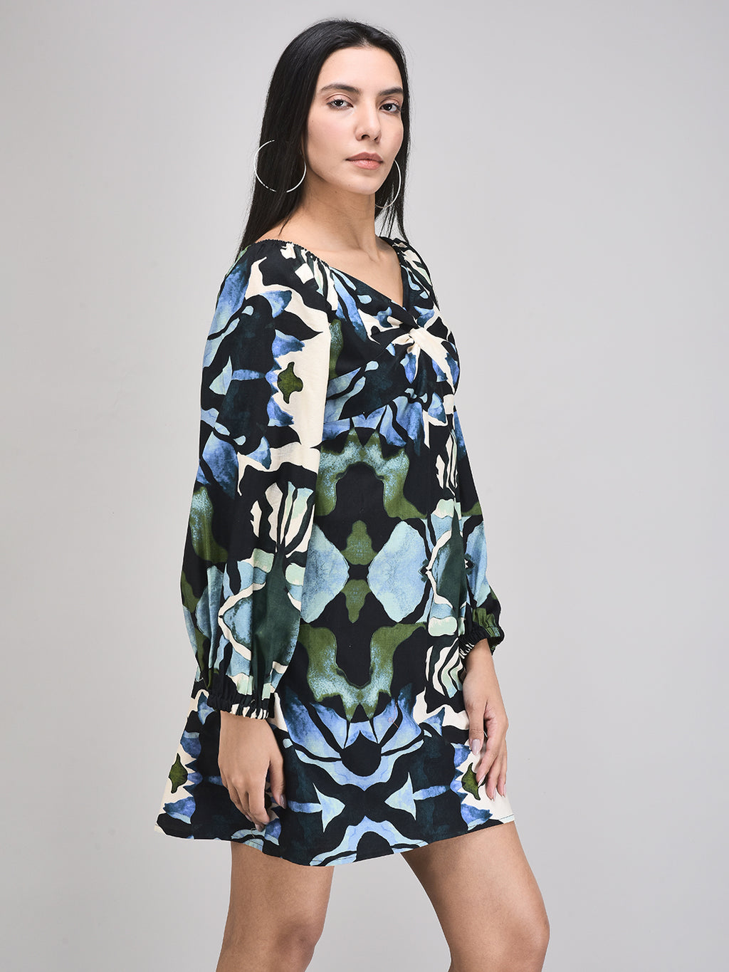 Women’s brunch dress with blue abstract print