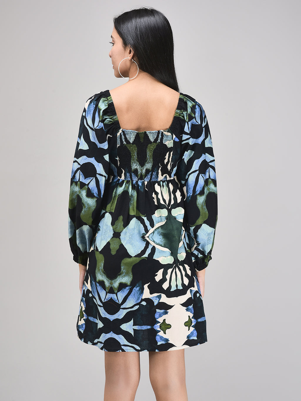 Cotton-linen printed dress with short sleeves for women