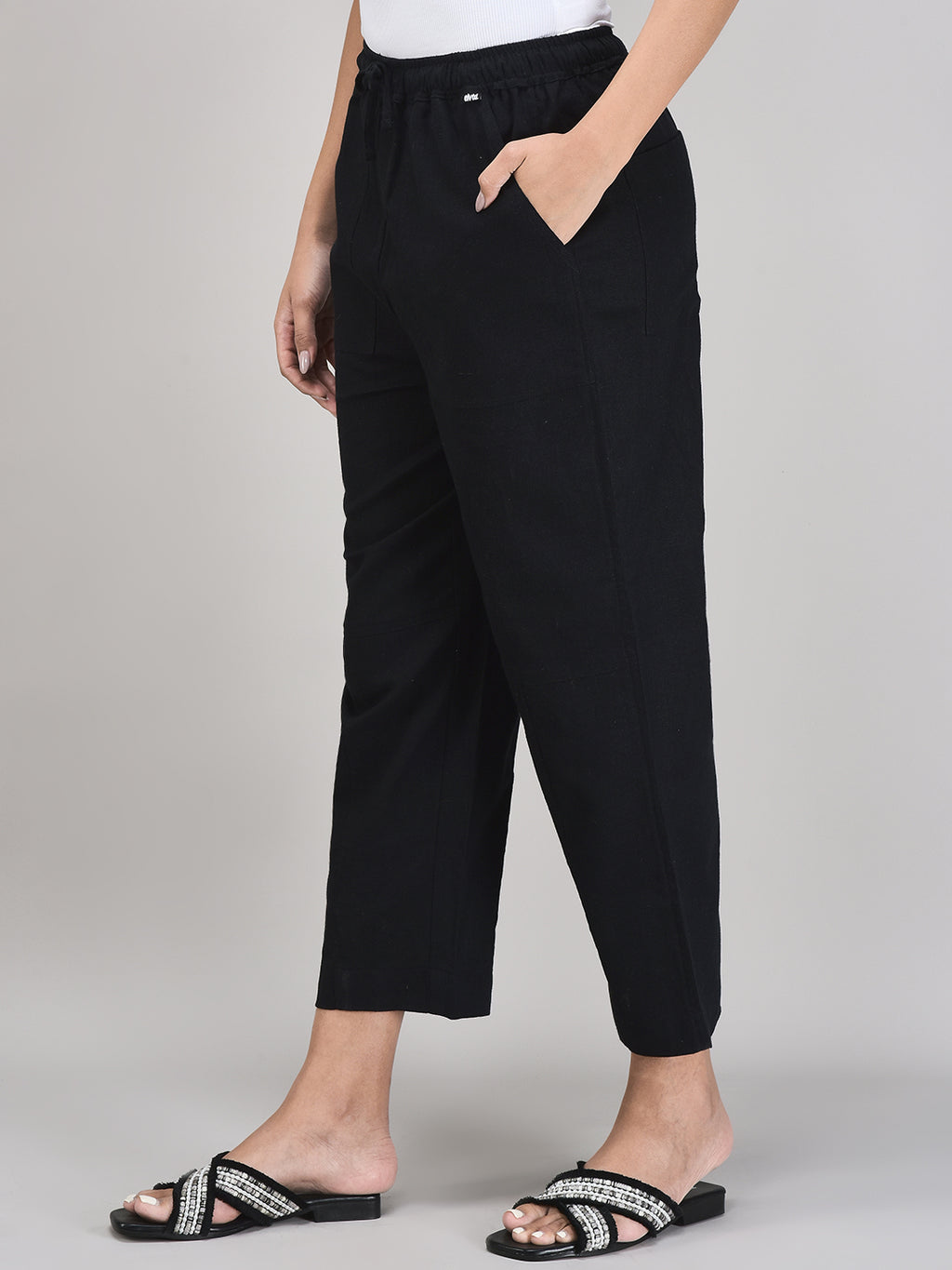 Women’s Black Linen Pants – Tapered Fit with Elastic Waist