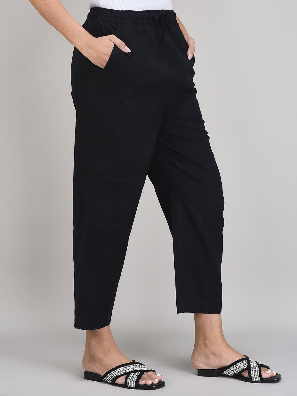 Women’s Black Linen Pants – Tapered Fit with Elastic Waist