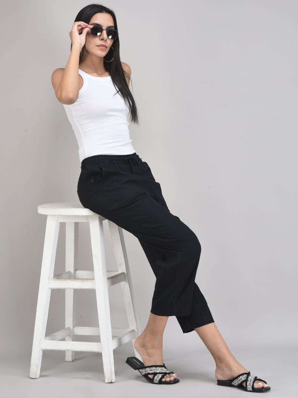 Women’s Black Linen Pants – Tapered Fit with Elastic Waist