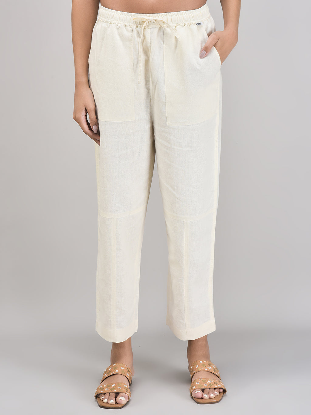 Women’s Beige Linen Pants – Pull-On Tapered Summer Bottoms