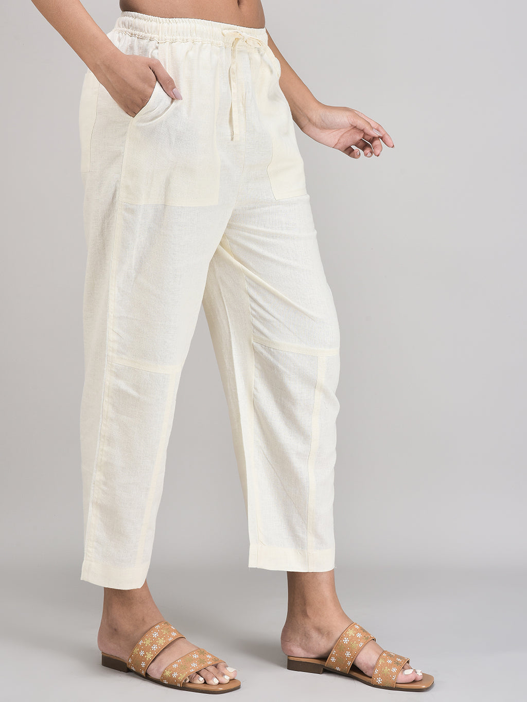 Women’s Beige Linen Pants – Pull-On Tapered Summer Bottoms