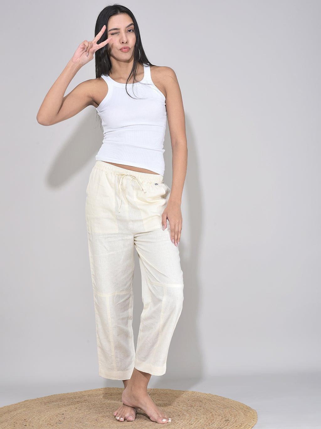 Women’s Beige Linen Pants – Pull-On Tapered Summer Bottoms