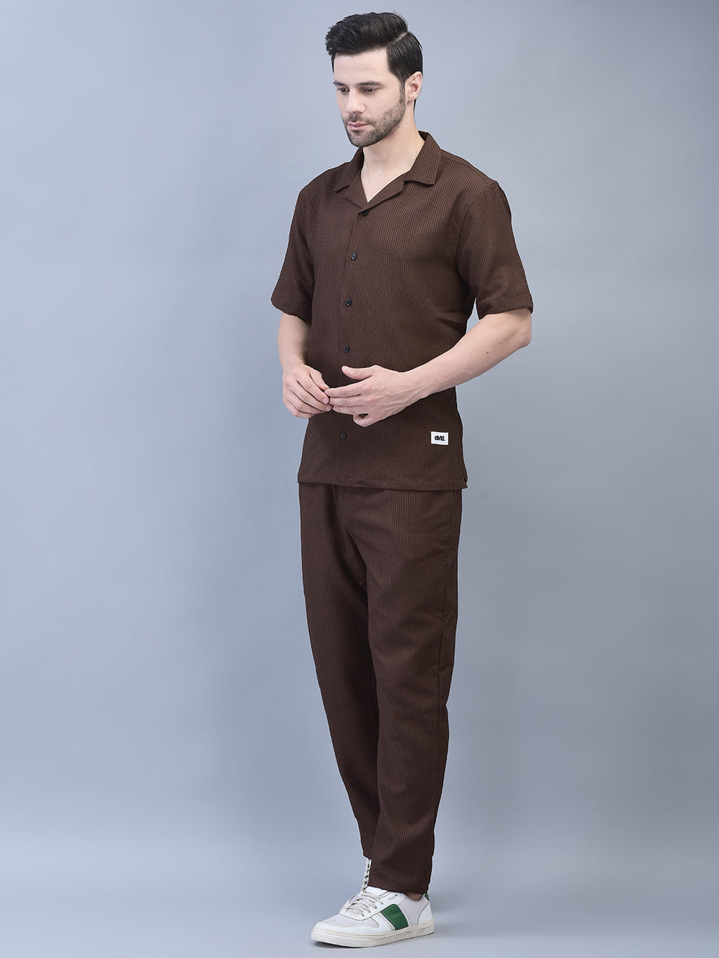 Camp collar shirt and matching pants – raised texture co-ord