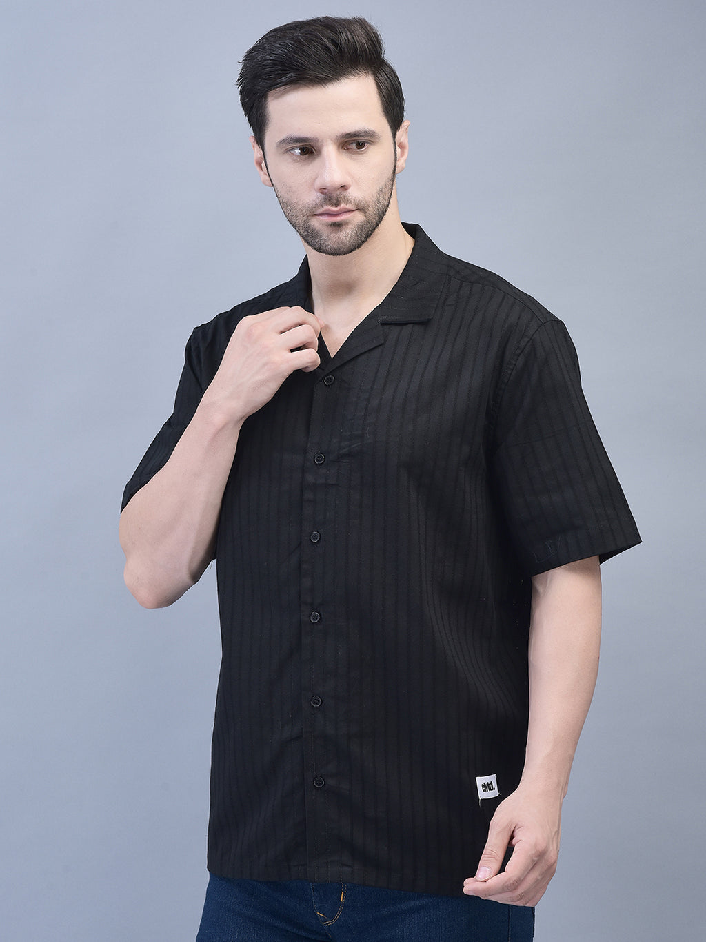BLACK SELF TEXTURED SHIRT