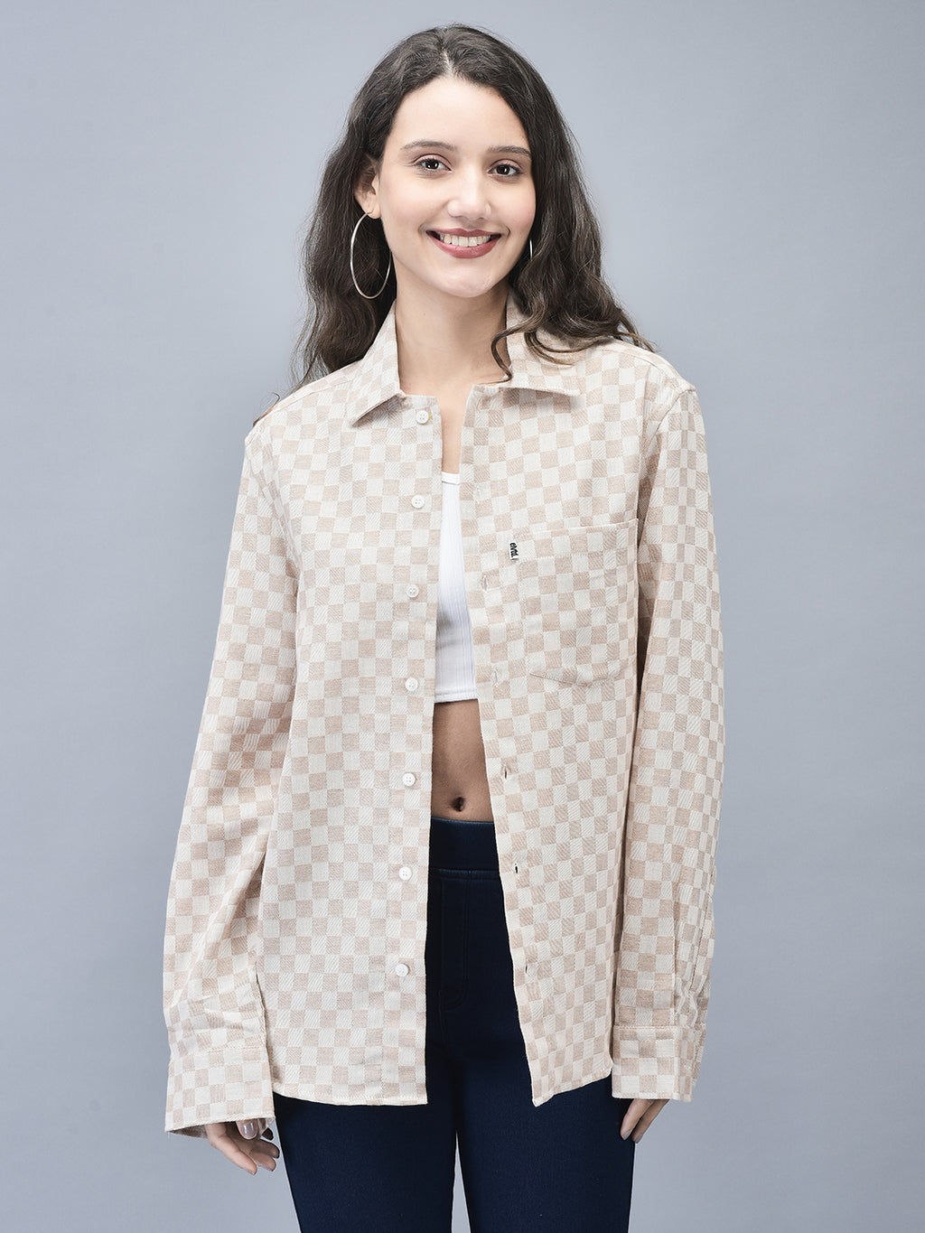 UNISEX BEIGE TEXTURED OVERSIZED SHIRT
