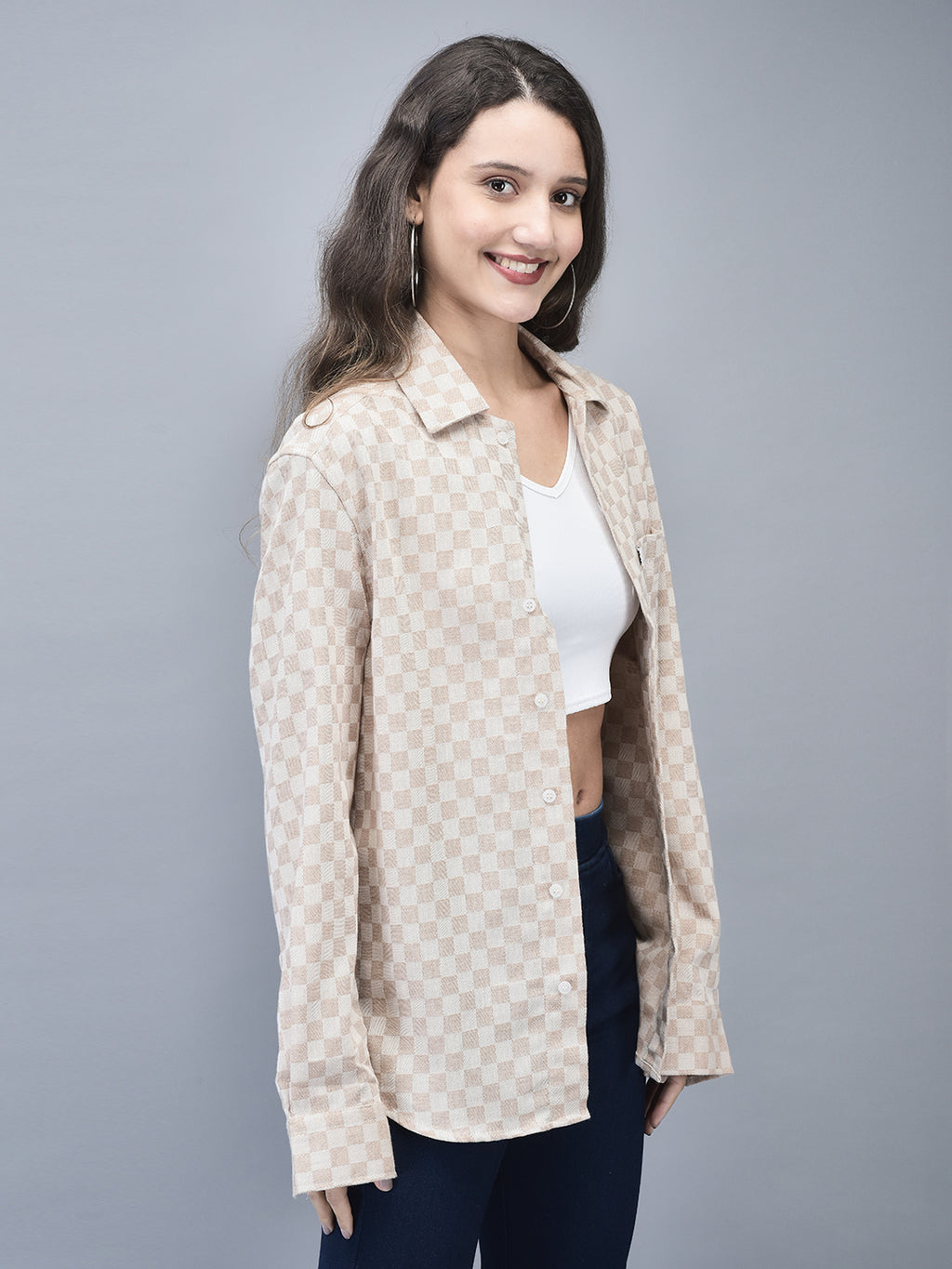 UNISEX BEIGE TEXTURED OVERSIZED SHIRT