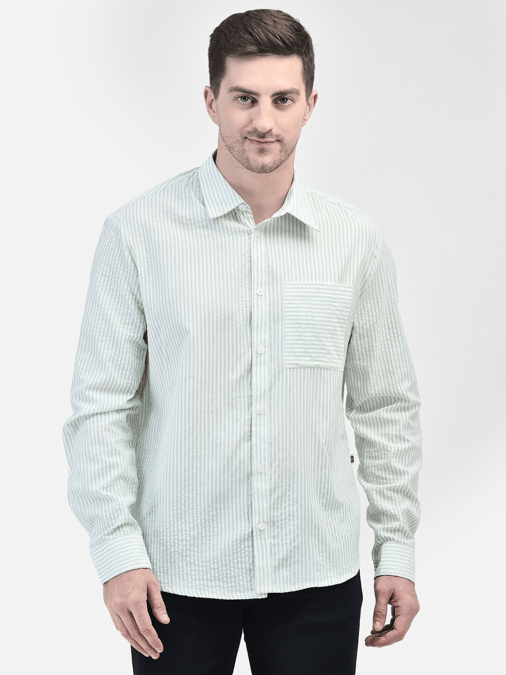 Front view of man wearing mint green striped cotton shirt – hands at side