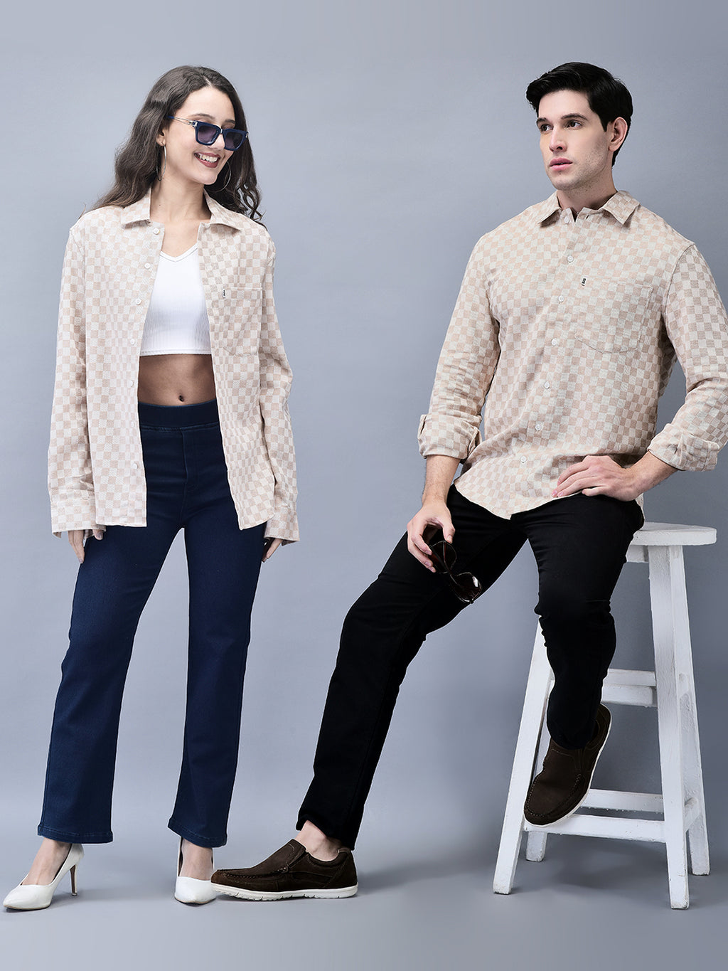 UNISEX BEIGE TEXTURED OVERSIZED SHIRT